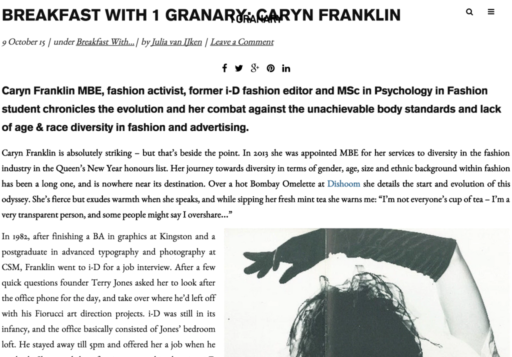 Press: Caryn Franklin has Breakfast at the Granary